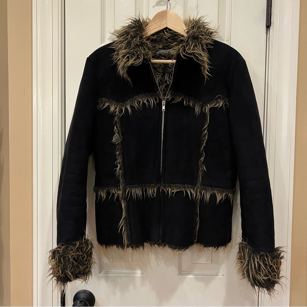 Vintage Y2K Faux Fur Shaggy Jacket Suede Penny Lane Afghan  Black Women’s Small